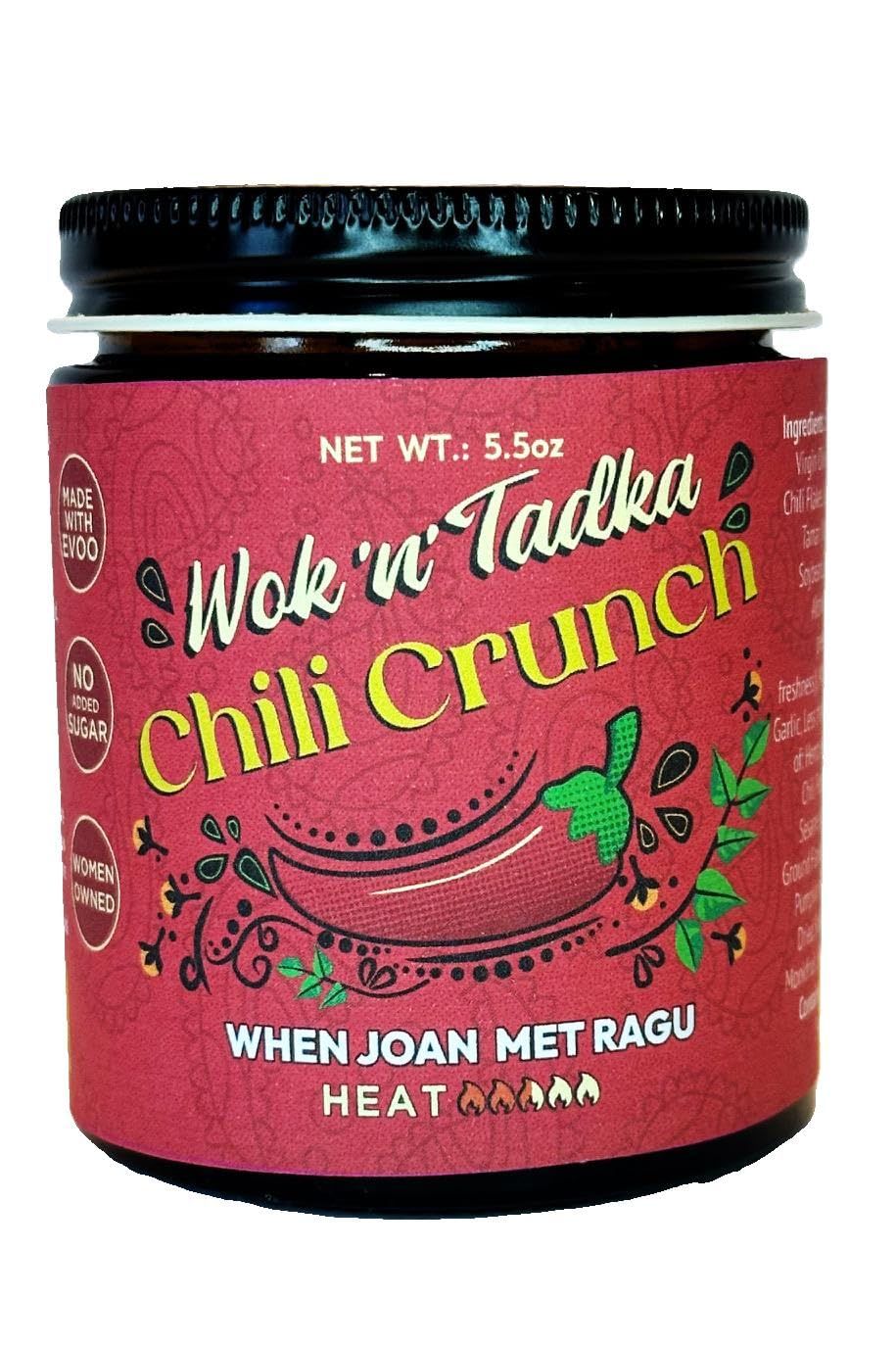 Wok n Tadka Chili Crunch Condiment, 6oz, Medium Heat, Organic EVOO, Zero Added Sugar or Sugar Alcohol, Gluten Free, Asian Indian Fusion, When Joan Met Ragu