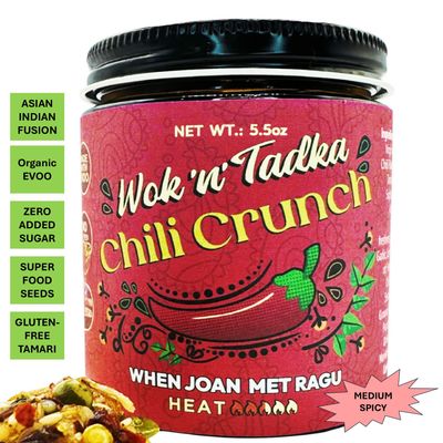 Wok n Tadka Chili Crunch Condiment, 6oz, Medium Heat, Organic EVOO, Zero Added Sugar or Sugar Alcohol, Gluten Free, Asian Indian Fusion, When Joan Met Ragu