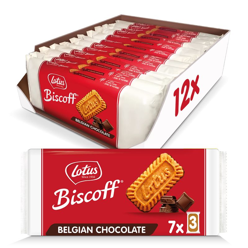 Lotus Biscoff with Chocolate - European Biscuit Cookies - 5.4 Ounce Pack of 12 - 7 Three-Packs per Retail Pack - non GMO Project Verified
