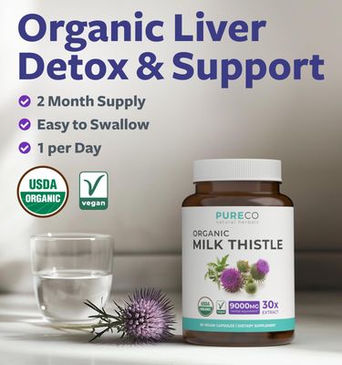 USDA Organic Milk Thistle Capsules - 80 Silymarin Supplement for Liver Support- Super Concentrated 300mg of 30:1 Milk Thistle Extract Equivalent to 9,000mg - Milk Thistle Liver Detox 60 Day Supply