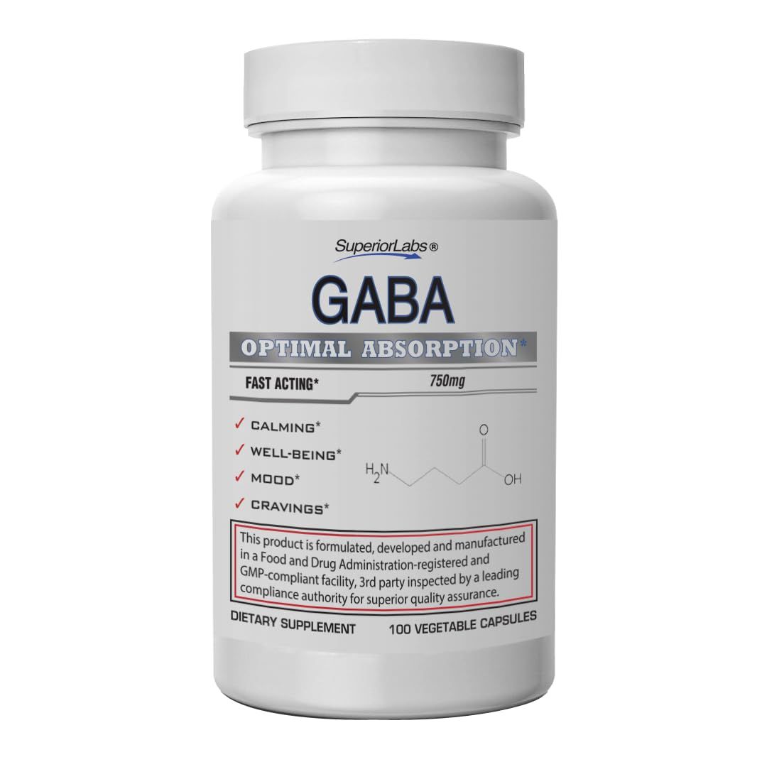 Superior Labs GABA Supplement 750mg Maximum Strength Mood Enhancement Natural Relief of Simple Nervous Tension, Promotes Mood Balance, Sleep Quality, and Natural Brain Function