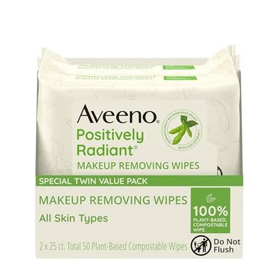 Aveeno Positively Radiant Oil-Free Makeup Removing Face Wipes to Help Even Skin Tone and Texture with Moisture-Rich Soy Extract, Gentle Facial Cleansing Wipes, Twin Pack, 2 x 25 ct.