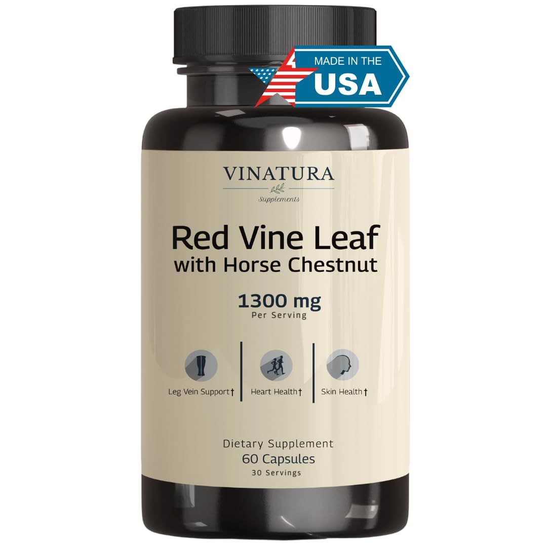 VINATURA Red Vine Leaf Extract - Horse Chestnut, 1300mgserving USA Made and Tested Circulation and Vein Support for Healthy Legs - Helps Blood Flow, Leg Circulation - 60 Capsules 30 Servings