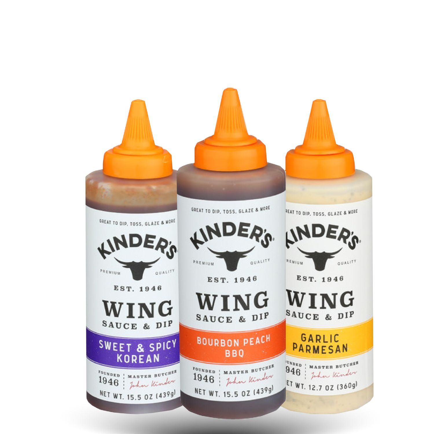 Wing Dipping Sauce Sweet &amp; Spicy Korean Bourbon Peach BBQ Garlic Parmesan Sauces for Dipping Gluten Free, Non-GMO, No MSG, Keto Shelf-stable Squeeze Bottle 3-pack
