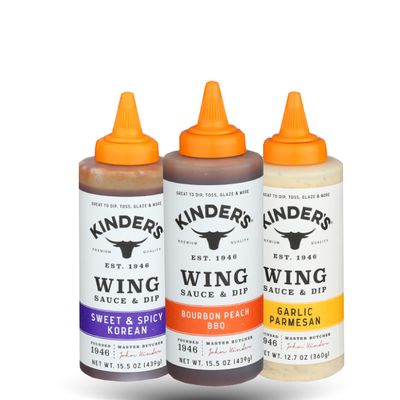 Wing Dipping Sauce Sweet &amp; Spicy Korean Bourbon Peach BBQ Garlic Parmesan Sauces for Dipping Gluten Free, Non-GMO, No MSG, Keto Shelf-stable Squeeze Bottle 3-pack
