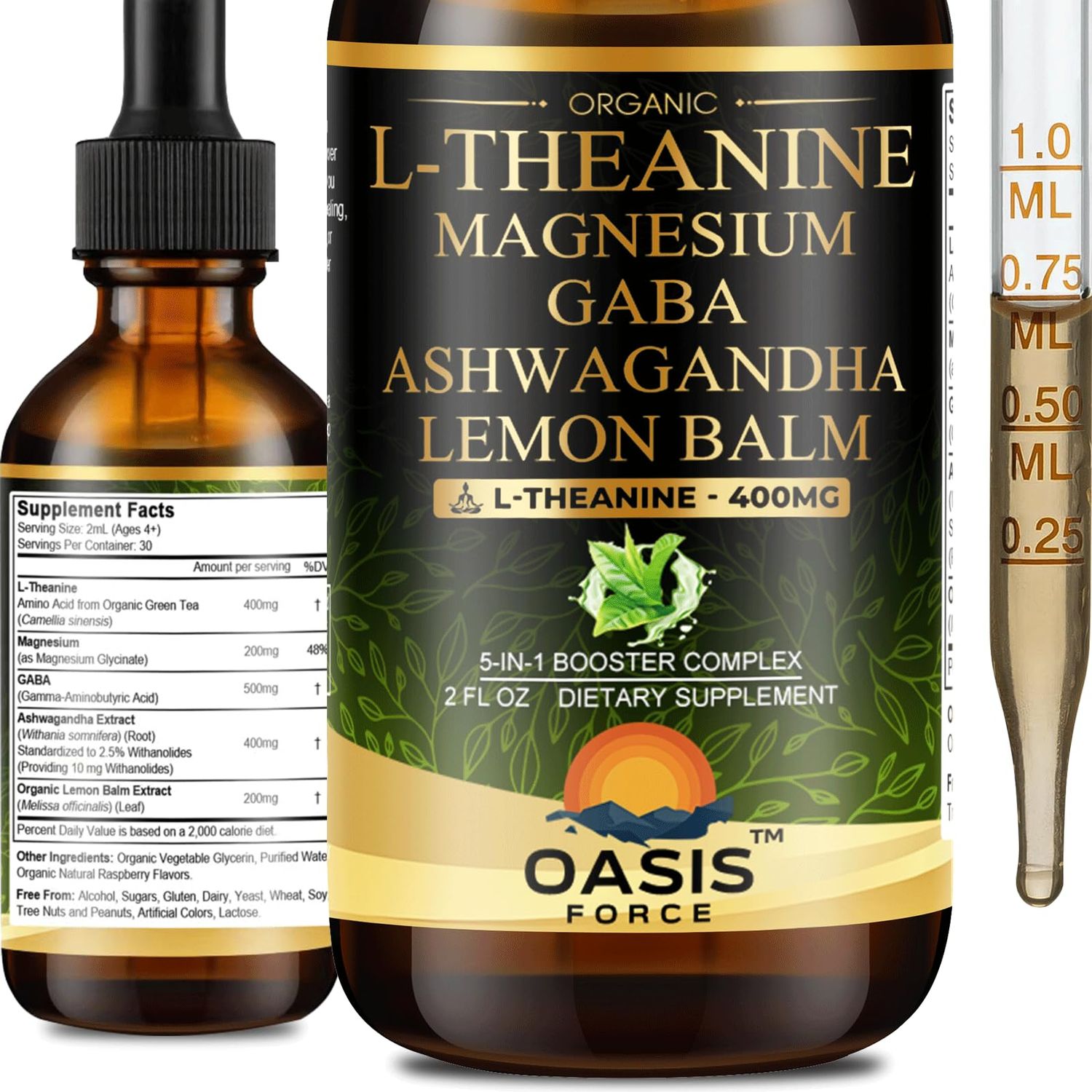 Oasisforce L Theanine 400mg Liquid Drops, L-Theanine Supplement for Adults &amp; Kids with GABA, Magnesium &amp; Ashwagandha, Natural Sleep, Focus &amp; Relaxation Support, Vegan, Alcohol-Free, Non-GMO, 2 FL OZ