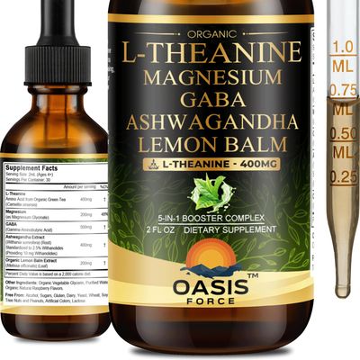 Oasisforce L Theanine 400mg Liquid Drops, L-Theanine Supplement for Adults &amp; Kids with GABA, Magnesium &amp; Ashwagandha, Natural Sleep, Focus &amp; Relaxation Support, Vegan, Alcohol-Free, Non-GMO, 2 FL OZ