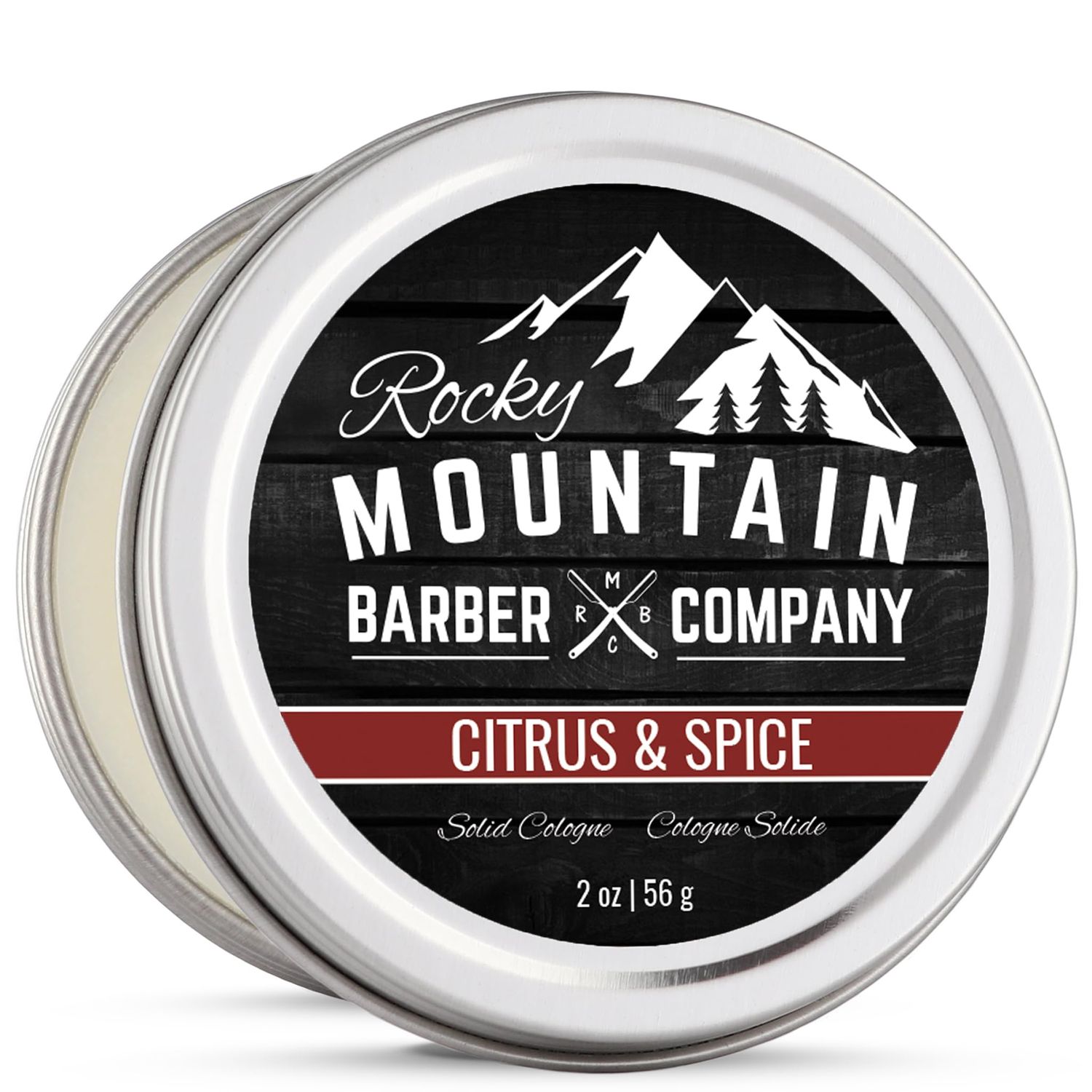 Rocky Mountain Barber Company Solid Cologne for Men - Citrus &amp; Spice Scent - 2 Oz Size - Made with Coconut Oil, Shea Butter - Long-Lasting Scent