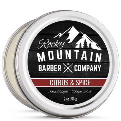 Rocky Mountain Barber Company Solid Cologne for Men - Citrus &amp; Spice Scent - 2 Oz Size - Made with Coconut Oil, Shea Butter - Long-Lasting Scent