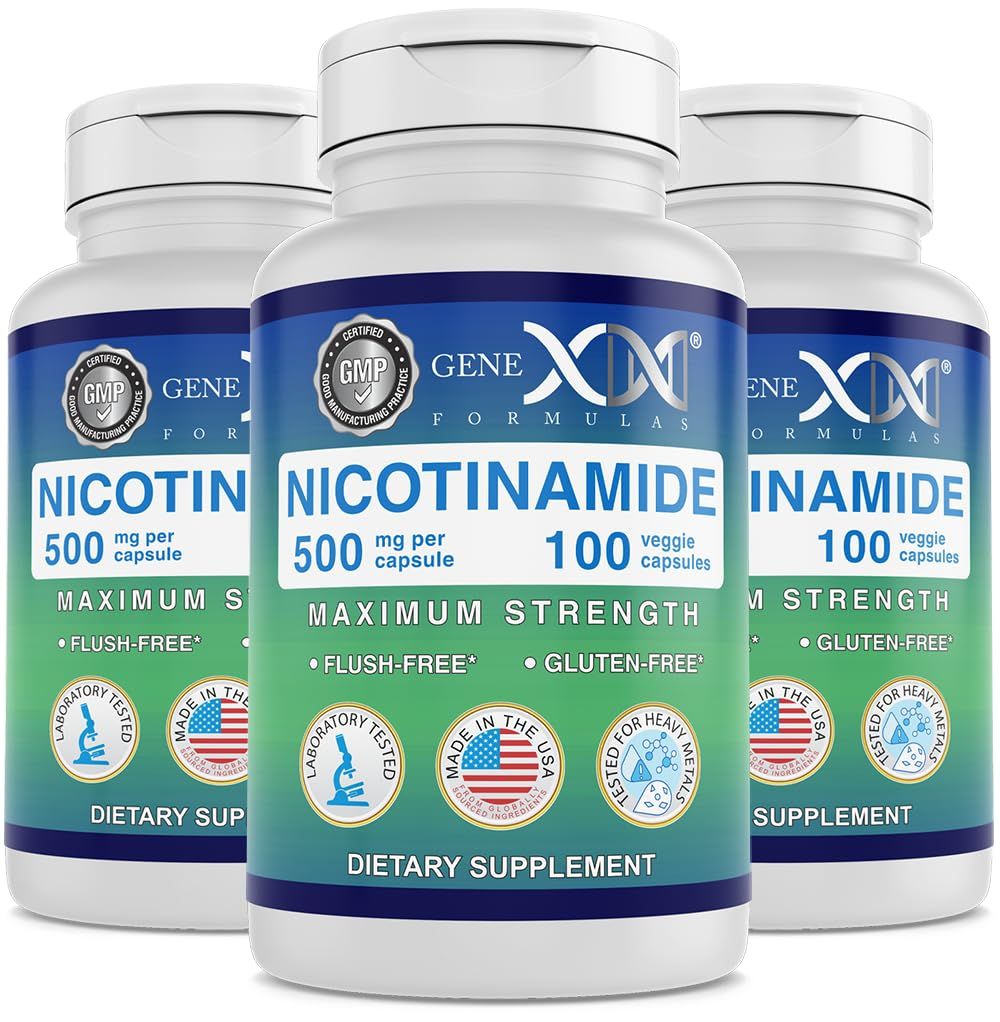 Genex Formulas Nicotinamide 500mg 3-Pack Vitamin B3 Flush Free Niacin Capsules for Healthy Skin - Niacinamide Supplement Pills help Produce Keratin &amp; Support Skin Cell Health &amp; Energy 300 Capsules