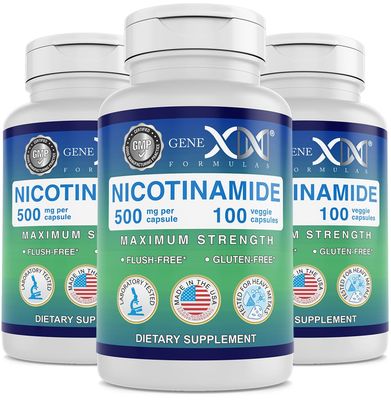 Genex Formulas Nicotinamide 500mg 3-Pack Vitamin B3 Flush Free Niacin Capsules for Healthy Skin - Niacinamide Supplement Pills help Produce Keratin &amp; Support Skin Cell Health &amp; Energy 300 Capsules