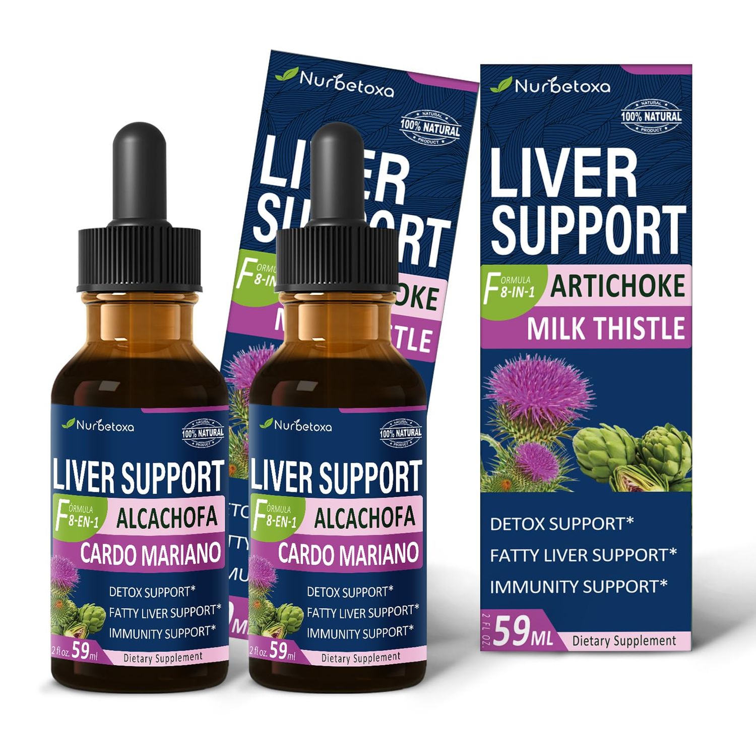 Nurbetoxa Milk Thistle Liver Support Drops for Fatty Liver, Alcachofa y Cardo Mariano para el Higado Graso, Liver Detox Formula wArtichoke, Herbal Extract Liquid. Milk Thistle, 4 oz