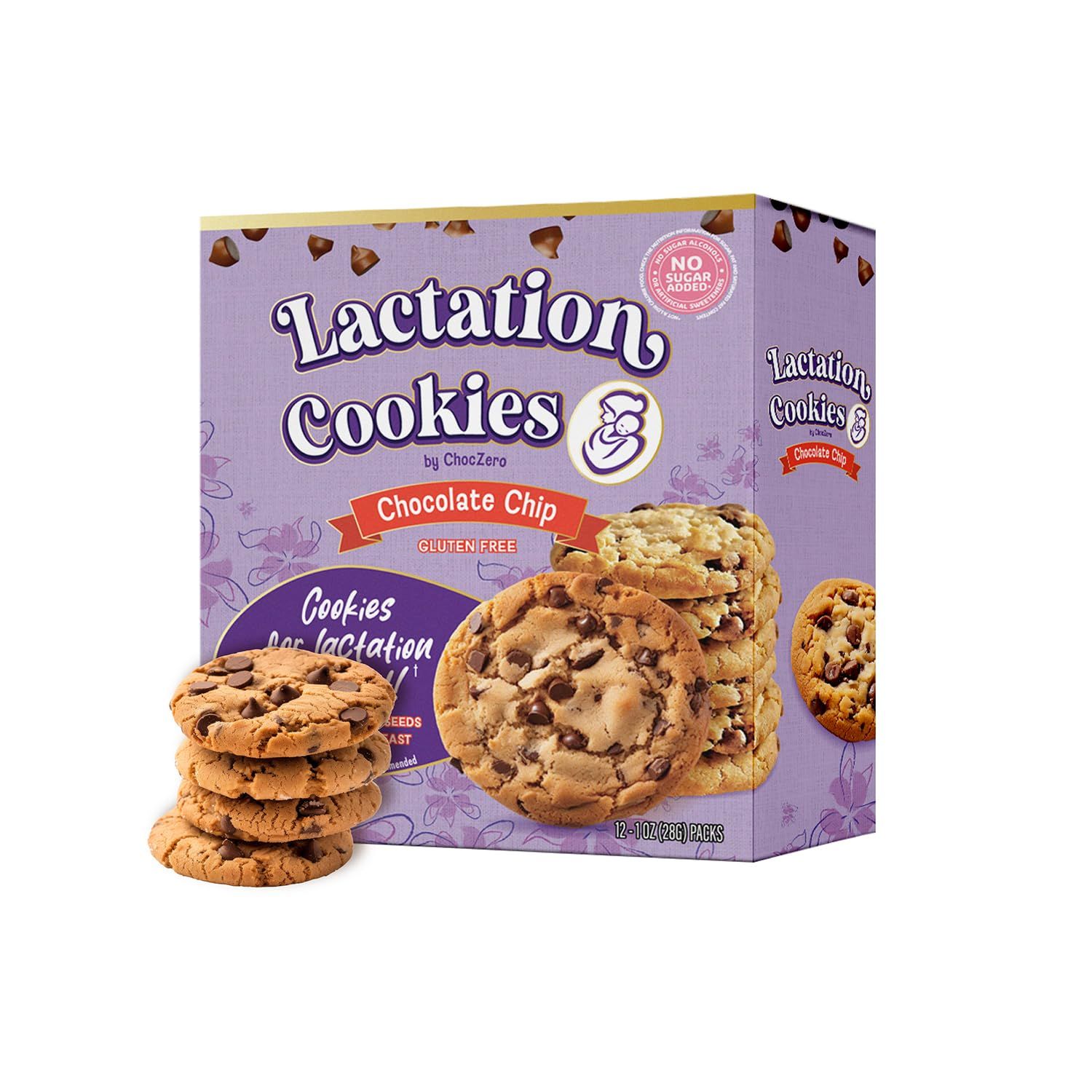ChocZero Lactation Cookies, Chocolate Chip, Gluten Free, No Added Sugar, 24 Low Carb Cookies, Lactation Supplement Support for Breastfeeding 1 Box, 12oz