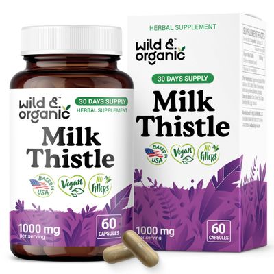 Wild &amp; Organic Milk Thistle Capsules 1000mg - Liver Support Supplement - Silymarin Milk Thistle Powder for Liver Cleanse - 60 Vegan Capsules - 1-Month Supply - No Fillers, Non-GMO