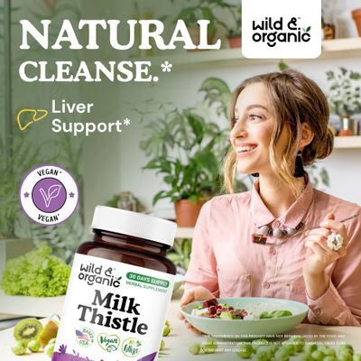 Wild &amp; Organic Milk Thistle Capsules 1000mg - Liver Support Supplement - Silymarin Milk Thistle Powder for Liver Cleanse - 60 Vegan Capsules - 1-Month Supply - No Fillers, Non-GMO