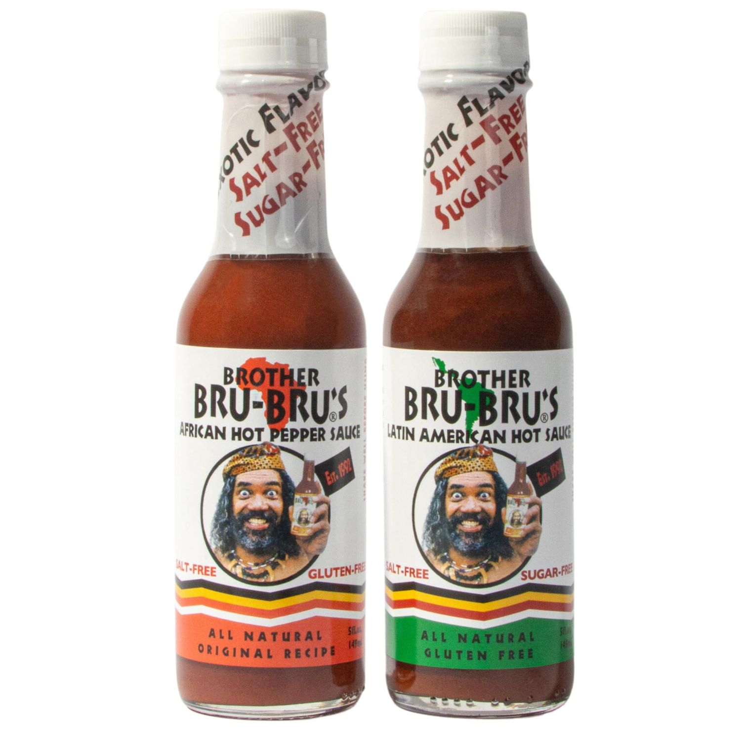 Brother Bru-Brus Hot Sauce African &amp; Latin Combo - No Sodium, Salt Free, Sugar Free, Gluten Free, Vegan - African Hot Pepper Habanero Sauce, Latin Chili Seasoning &amp; Spices - 5 oz Pack of 2