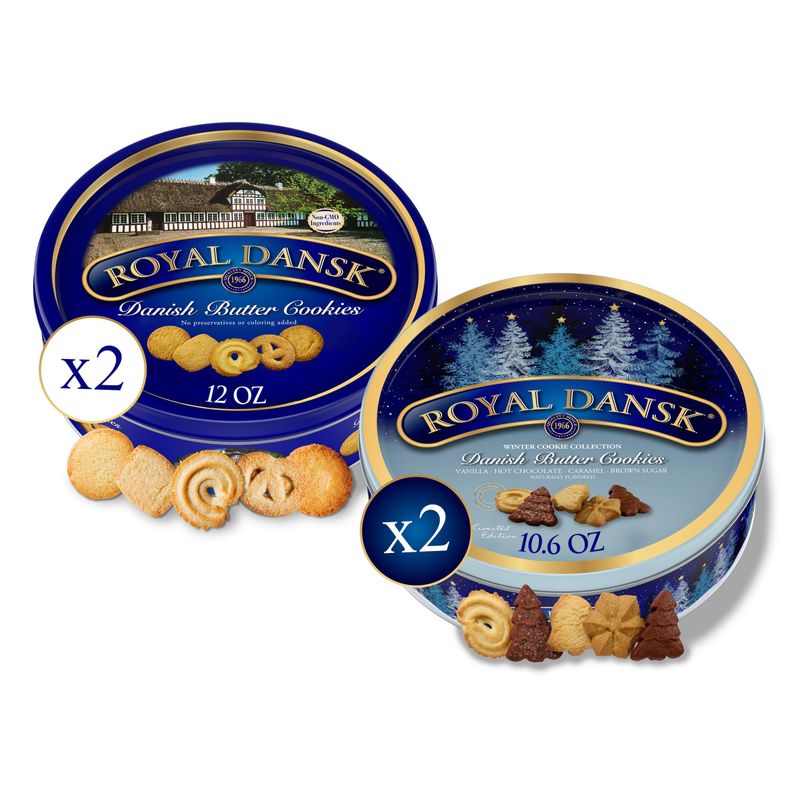 Royal Dansk Holiday Cookie 4 Pack, Exclusive Amazon Multipack of Original Danish Butter Cookies, Festive Tins for Christmas Gifts, Made with Real Butter, Non-GMO Ingredients
