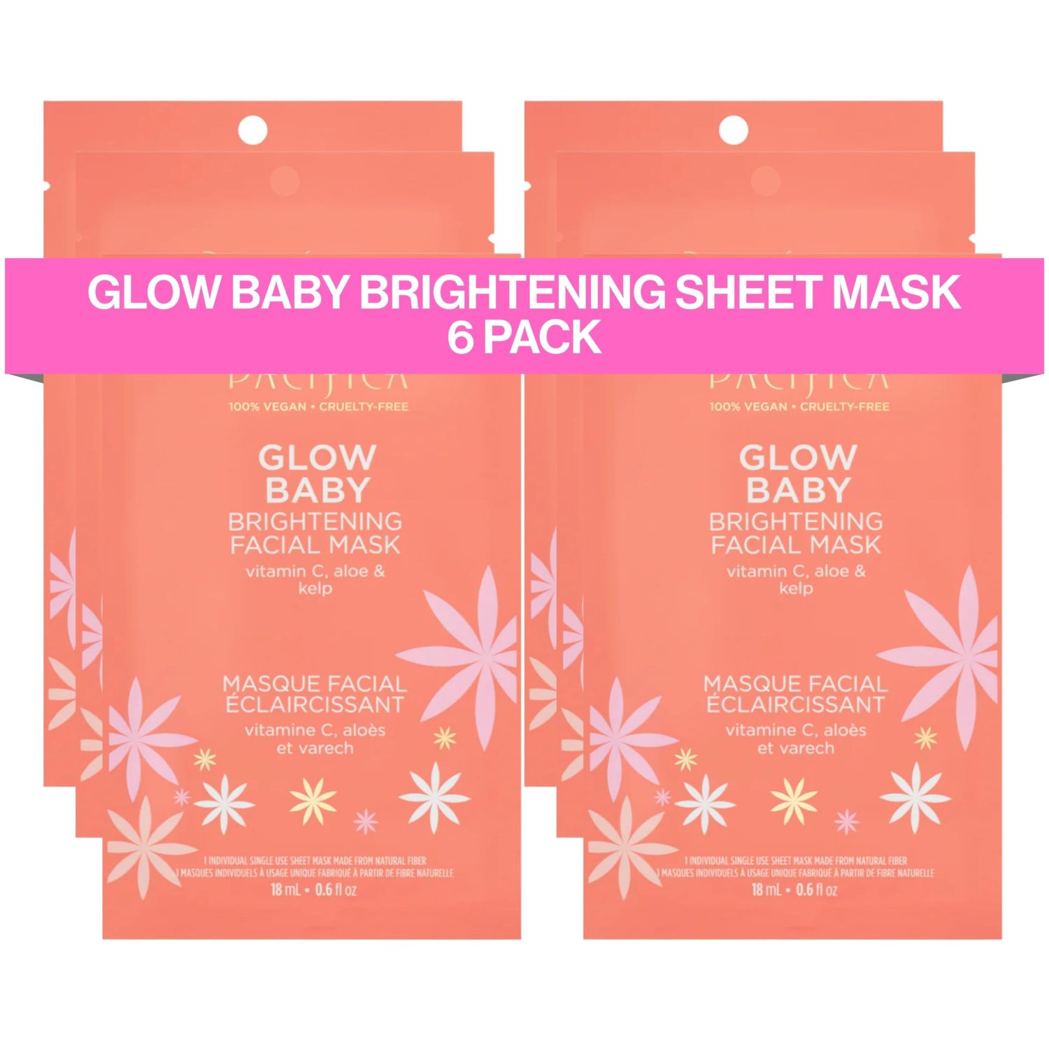 Pacifica Sheet Face Mask - 6 Pack - Glow Baby Brightening Facial Mask wVitamin C, Aloe &amp; Kelp - Cooling Mask for Dark Spots &amp; Fine Lines - Clean Beauty Vegan &amp; Cruelty-Free Dermatologist Tested