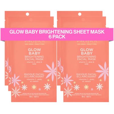 Pacifica Sheet Face Mask - 6 Pack - Glow Baby Brightening Facial Mask wVitamin C, Aloe &amp; Kelp - Cooling Mask for Dark Spots &amp; Fine Lines - Clean Beauty Vegan &amp; Cruelty-Free Dermatologist Tested