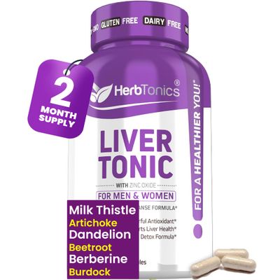 Herbtonics Liver Cleanse Detox &amp; Repair 20-in-1 Liver Detox Complex Milk Thistle Supplement with Artichoke, Dandelion, Turmeric, Berberine Dose for Your Liver 120 Vegan Capsules