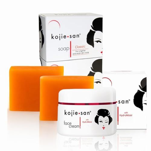 Kojie San Skin and Body Soap 2 Piece Set - Original Kojic Acid, Dark Spot Remover Soap Bar with Coconut &amp; Tea Tree Oil - 65g x 2 Bars &amp; 30g Face Cream