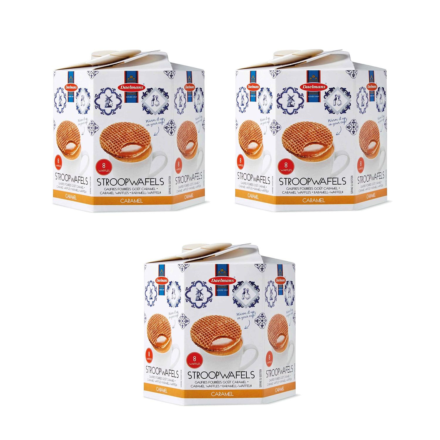 DAELMANS Stroopwafels, Dutch Waffles Soft Toasted, 3 Pack Assortment, Caramel, Kosher Dairy, Authentic Made In Holland, 8 Stroopwafels Per Box 3 Pack