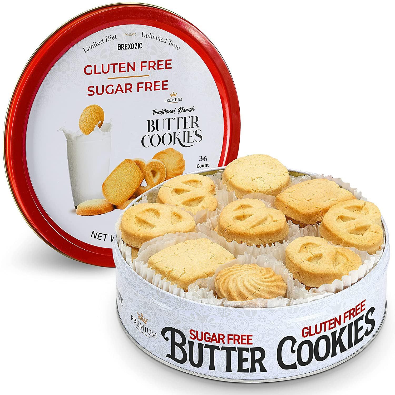 Gluten Free Sugar Free Butter Cookies 36 Count Traditional Danish Cookies, Premium Assorted Shortbread cookies for Diabetics 1 Pk, 11 Ounce