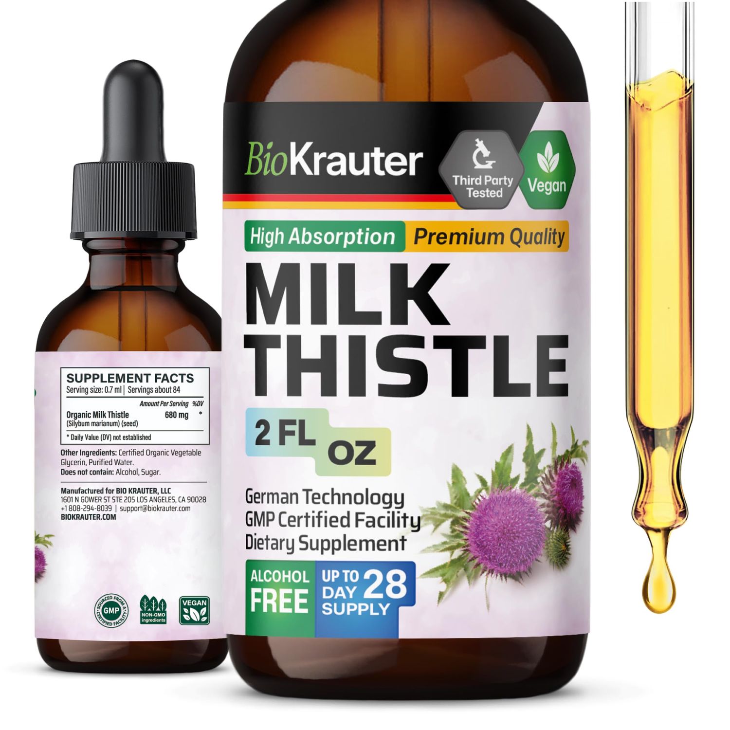BIO KRAUTER Milk Thistle Liquid Drops - Milk Thistle Silymarin Liver Support Supplement - Alcohol &amp; Sugar Free Tincture for Liver Cleanse Detox - 2 Fl. Oz.
