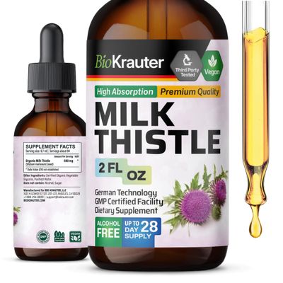 BIO KRAUTER Milk Thistle Liquid Drops - Milk Thistle Silymarin Liver Support Supplement - Alcohol &amp; Sugar Free Tincture for Liver Cleanse Detox - 2 Fl. Oz.