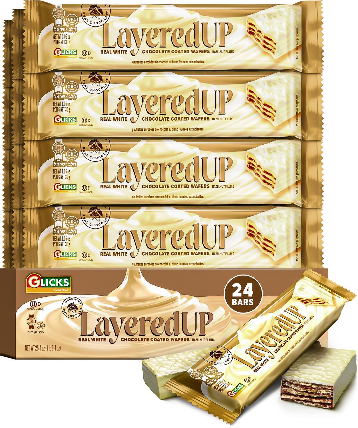 LayeredUp Wafer Cookies, White Milk Chocolate Coated Wafers, 24 Pack Light &amp; Crunchy Individually Wrapped Snack Bars