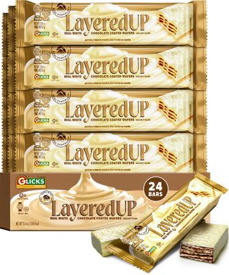 LayeredUp Wafer Cookies, White Milk Chocolate Coated Wafers, 24 Pack Light &amp; Crunchy Individually Wrapped Snack Bars
