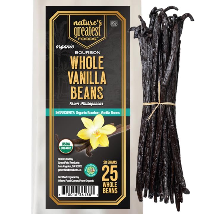 Nature&#39;s Greatest Organic Madagascar Bourbon Vanilla Beans - Grade B, Non-GMO, Kosher, Gluten - Free Sustainably Sourced &amp; Naturally Derived Premium Quality Extract, Baking, and Cooking 25ct