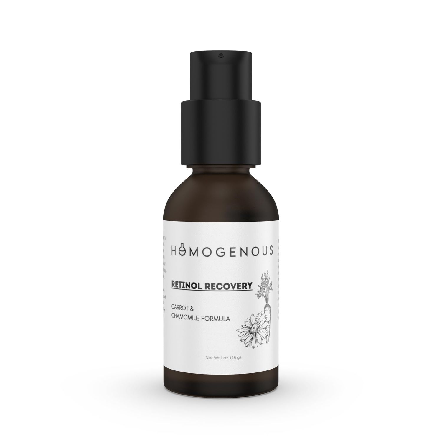 HOMOGENOUS Retinol Recovery Serum, Carrot and Chamomile Formula, 1 oz Amber Glass Pump Bottle