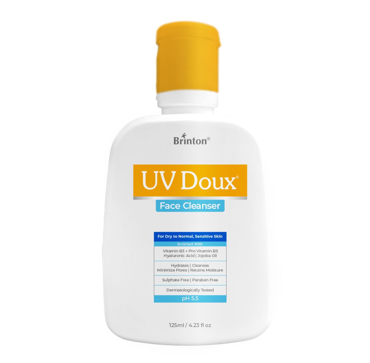 Brinton UV Doux Face Cleanser Enriched with Hyaluronic Acid, Jojoba Oil, Niacinamide Deep Cleansing &amp; Hydration Removes Excess Oil Sulphate &amp; Paraben-Free pH 5.5 For All Skin Types 125ml