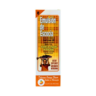 EMULSION DE ESCOCIA Cod Liver Oil, Dietary Supplement, Vitamins A, B1, D and E, Immune System Support, Orange Flavor 15.3 Fl OzPack of 1