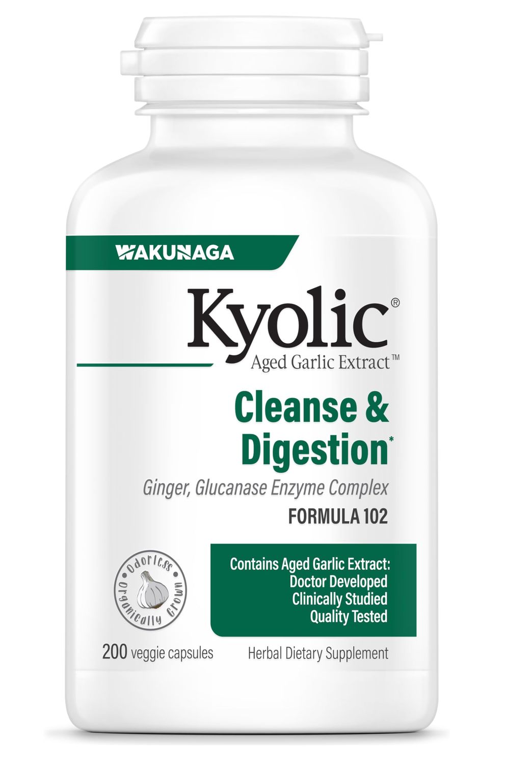 Kyolic Aged Garlic Extract Formula 102, Ginger and Glucanase Enzyme Complex, 200 Vegetarian Capsules