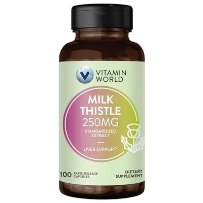 Vitamin World Milk Thistle Silymarin Standardized Extract 250mg 100 Capsules, St. Marys Thistle, Supports Liver Health, Antioxidant, Rapid-Release, Gluten Free