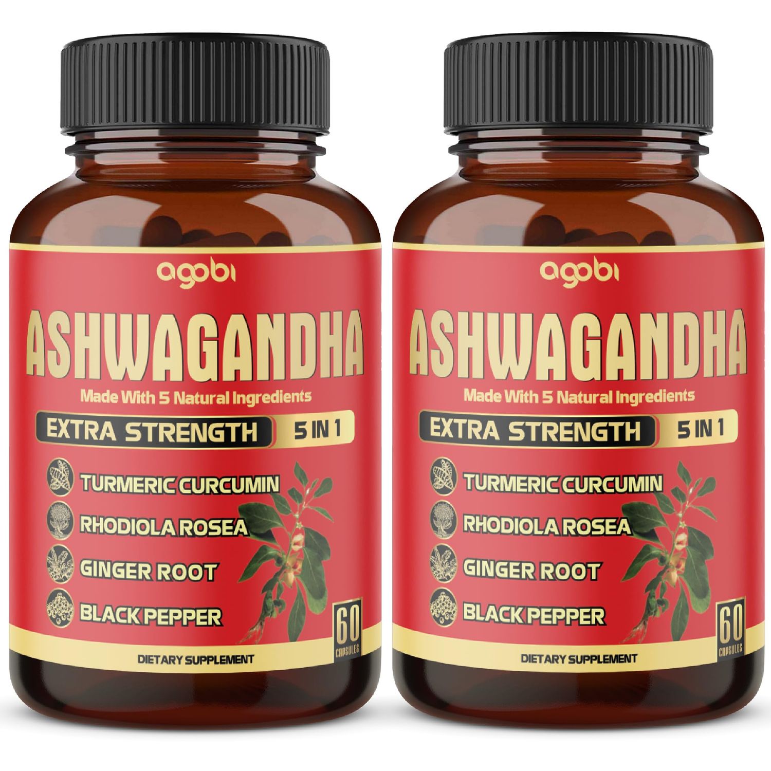 2 Packs - 60 Capsules Ashwagandha Capsules - High Concentrated - 5in1 Formula Ashwagandha, Turmeric, Rhodiola Rosea, Ginger, Black Pepper - 4 Month Supply