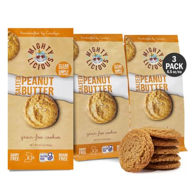 MIGHTYLICIOUS Salted Peanut Butter Cookies - Gluten-Free, Dairy-Free, Allergen Friendly, Kosher, Grain-Free, Preservative-Free - Snack Option for a Guilt-Free Treat - 6.5 Oz 3 Pack