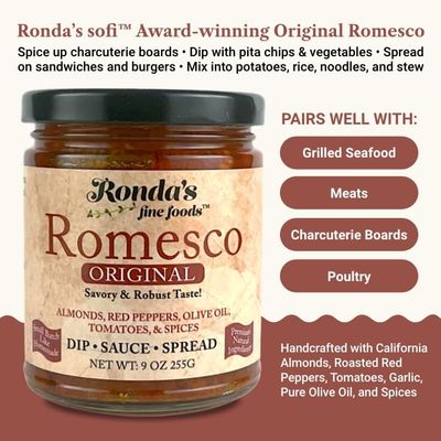 Romesco Dip, Spread, Topping &amp; Sauce - Thick, Small-Batch Romesco with Almonds, Pure Olive Oil, Red Peppers, &amp; Tomato - Keto, Vegan, Gluten-Free Red Sauce for Fish, Meat, Veggies, &amp; Chicken by Rond...