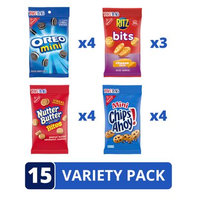 OREO Mini Cookies, CHIPS AHOY! Mini Cookies, Nutter Butter Bites &amp; RITZ Bits Cheese Crackers Variety Pack, 15 Big Bags