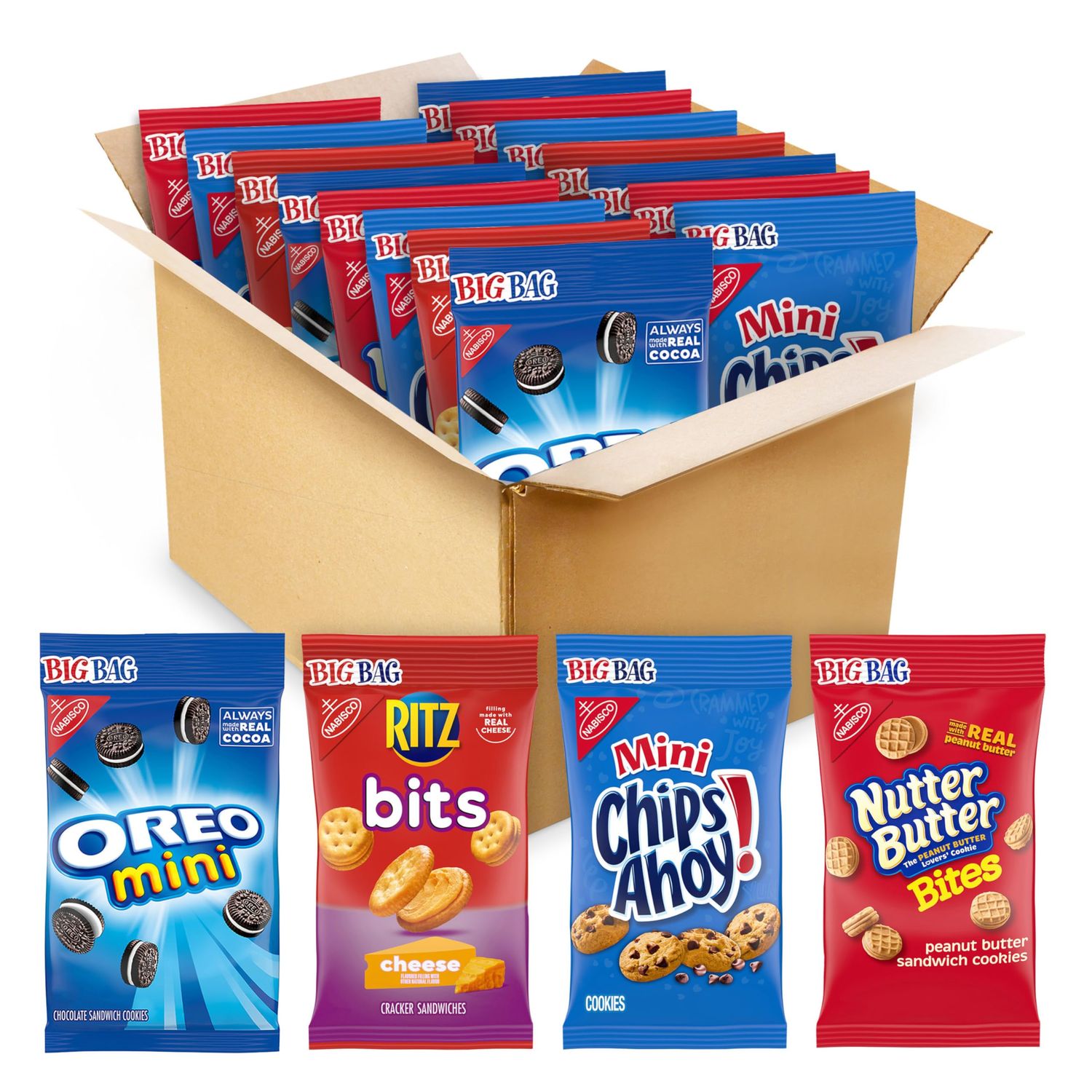 OREO Mini Cookies, CHIPS AHOY! Mini Cookies, Nutter Butter Bites &amp; RITZ Bits Cheese Crackers Variety Pack, 15 Big Bags