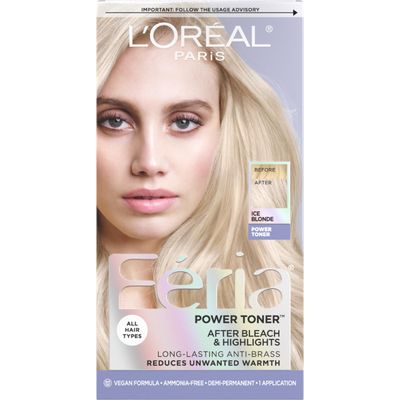 L&#39;Oreal Paris Feria Long-Lasting Anti Brass Power Hair Toner, Ammonia Free Demi Permanent Hair Color, Ice Blonde Hair Toner, 1 Application