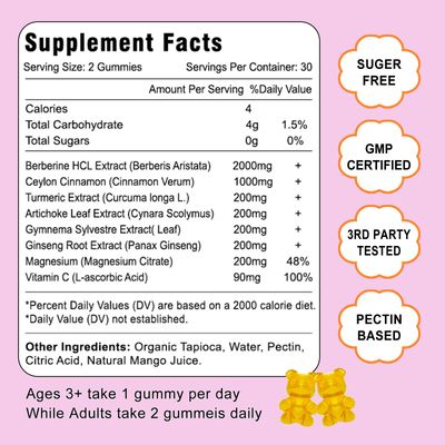 VZOXAINS Berberine with Ceylon Cinnamon Gummies, High Potency Berberine HCI Supplement, Immune Health Support, 60 Mango Flavored Gummies