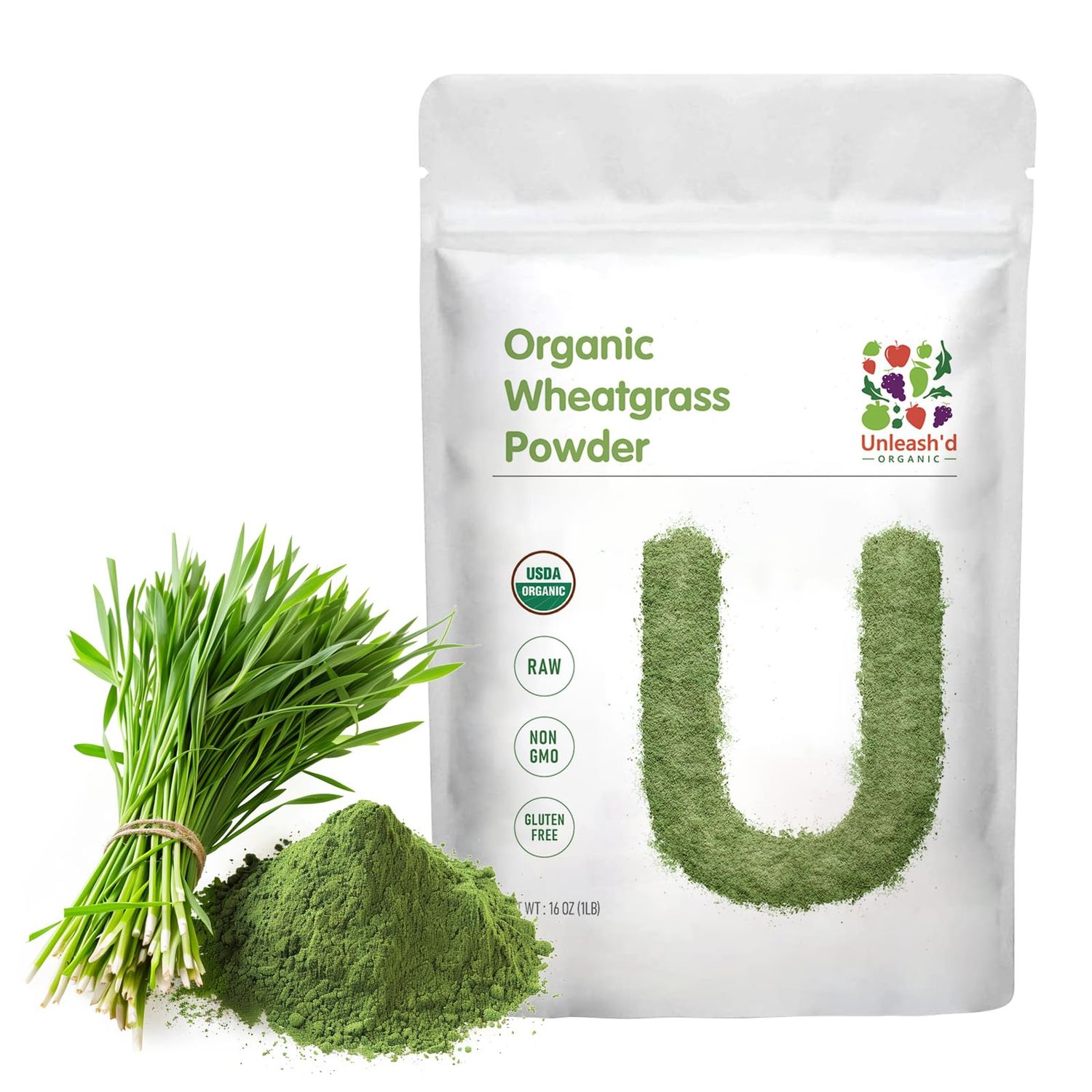 UNLEASH&#39;D ORGANIC Wheatgrass Powder, 16 oz, Vegan, Immune Boosting, Rich in Vitamins, Fiber &amp; Minerals