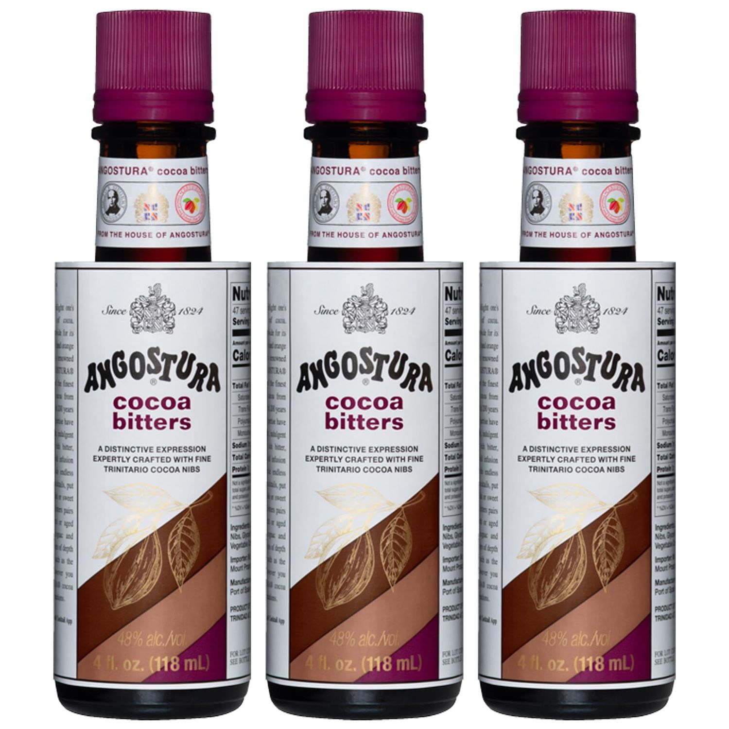 Angostura Cocoa Bitters - 4 FL OZ, Premium Cocktail Bitters for Home and Professional Mixologists, Kosher Certified, Sodium-Free Flavor Enhancer 3 PACK