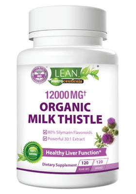Lean Nutraceuticals Organic Milk Thistle Liver Cleanse Detox &amp; Repair - 12000mg Milk Thistle Extract with Dandelion Root &amp; Artichoke - Liver, Kidney &amp; Gallbladder Support, 120 Vegan Capsules
