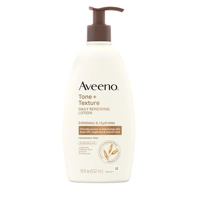 Aveeno Tone Texture Daily Renewing Body Lotion With Prebiotic Oat, Gently Exfoliates &amp; Hydrates Sensitive Skin, Clinically Proven to Help Bumpy, Rough Skin, Fragrance-Free, 18 Fl. Oz
