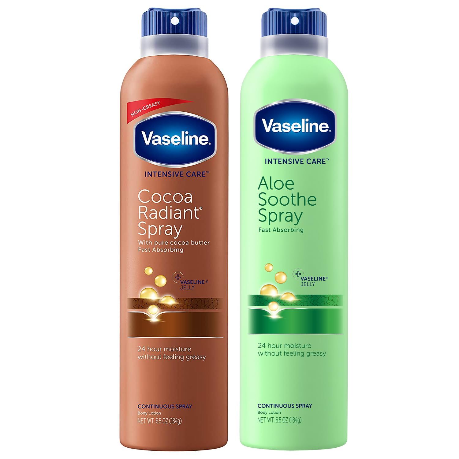 Vaseline Cocoa Radiant Spray Aloe Soothe Spray Variety 2-Pack - Non-Greasy, Fast-Absorbing All-Over Moisturizer for Dry Skin, 6.5 Oz Ea