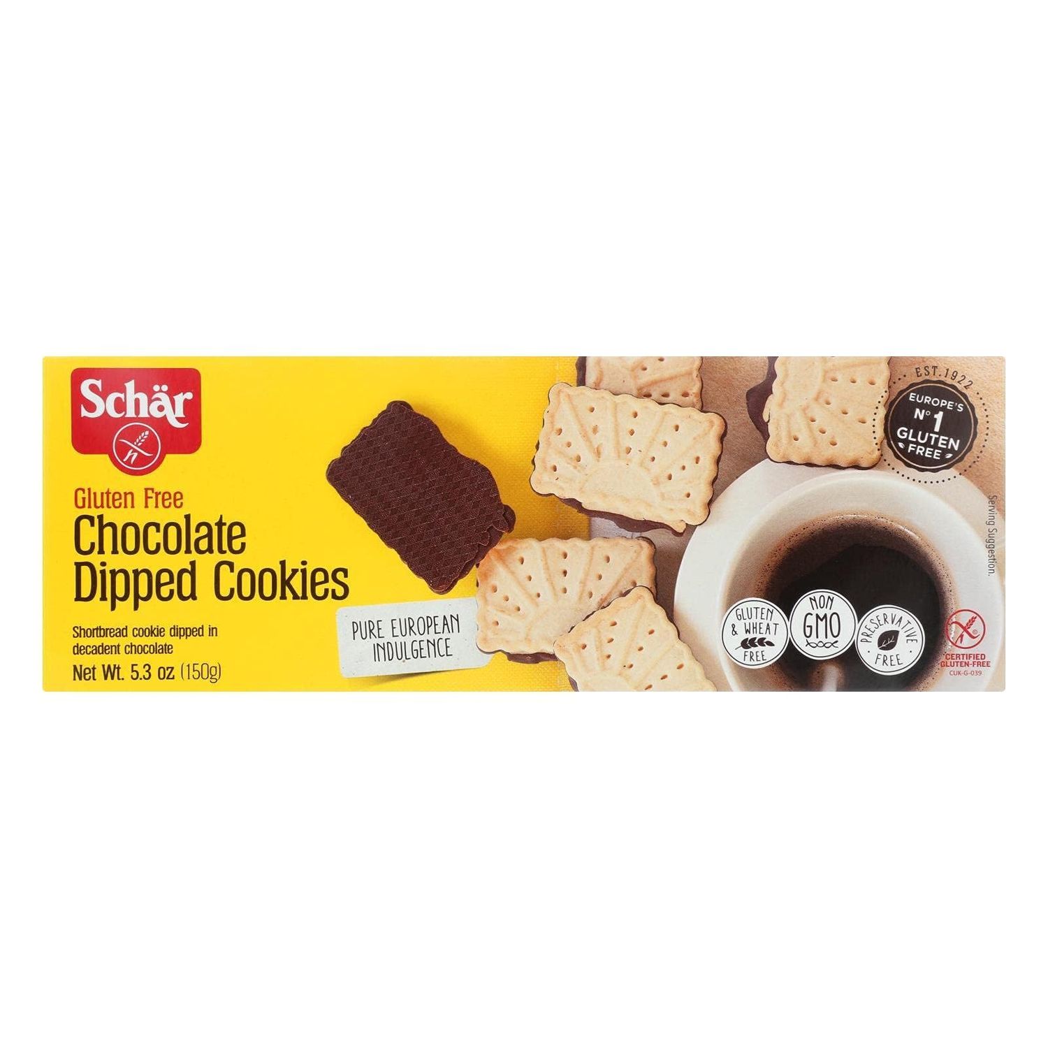 Schar Gluten Free Chocolate Dipped Cookies, 5.3 oz. Pack of 12